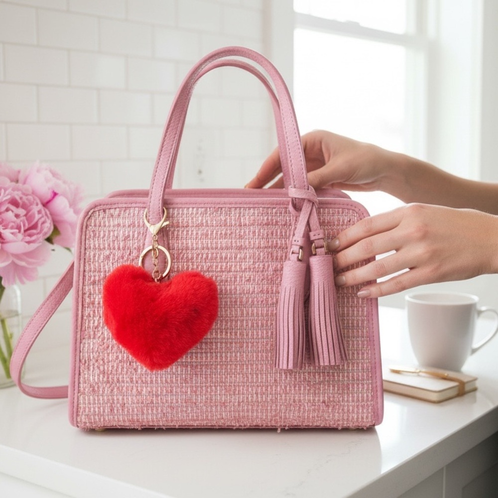 Plush Heart-shaped Keychain Bag Charm in Red Faux Fur - Picture 3 of 6